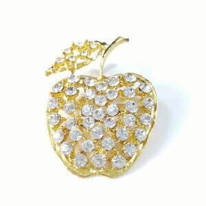 Apple Brooch, Clear Rhinestone & Gold Tone, 1 3/4 Inches, Teacher's Gift